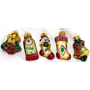 Set of 5 MINI GLASS CHRISTMAS ORNAMENTS clock stockings bells holly berry 1.75"h